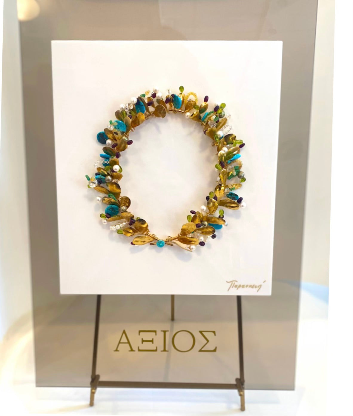 Victory Wreath of 24 Karat Gold over Fine Silver with Blue and White Genuine Gemstones including Turquoise, Pearls and Swarovski Crystal.