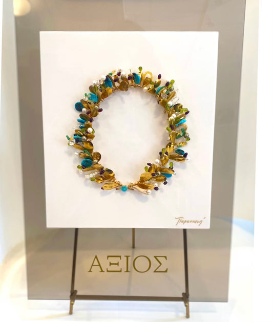 Victory Wreath of 24 Karat Gold over Fine Silver with Blue and White Genuine Gemstones including Turquoise, Pearls and Swarovski Crystal.