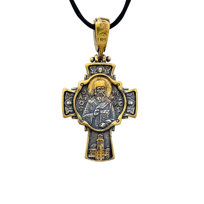 St. Nectarios/Crucifix Cross - 2 Sided Design, Sterling Silver & Gold Vermeil