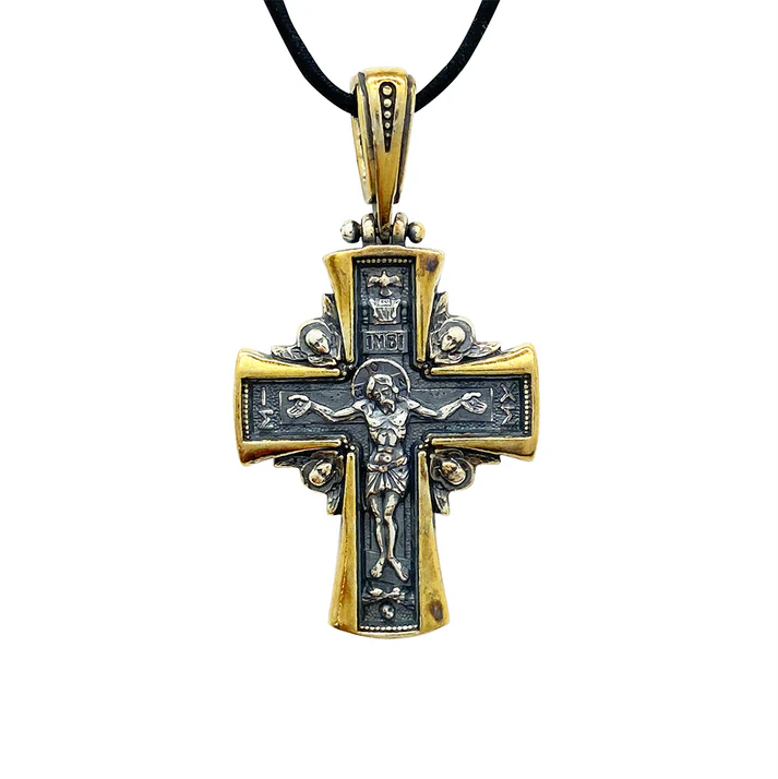 St. Nectarios/Crucifix Cross - 2 Sided Design, Sterling Silver & Gold Vermeil