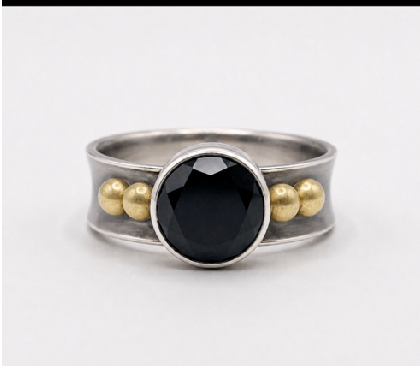 Vintage Black Onyx Ring in Sterling Silver with Gold bead