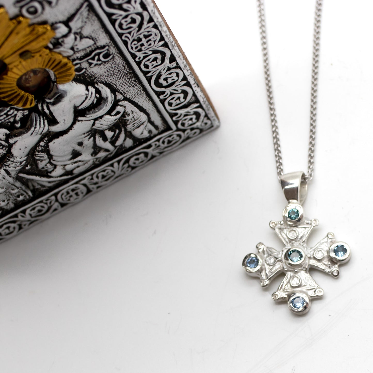 Mary's Byzantine Orthodox Cross - Sterling Silver with Swiss Blue Topaz