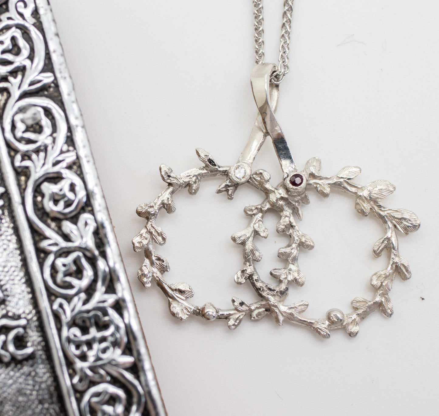 Theo's Crowns (Olive Leaf) Stefana Necklace with Two Gemstones