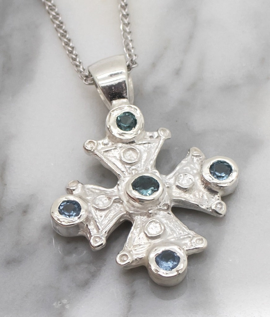 Mary's Byzantine Orthodox Cross - Sterling Silver with Swiss Blue Topaz