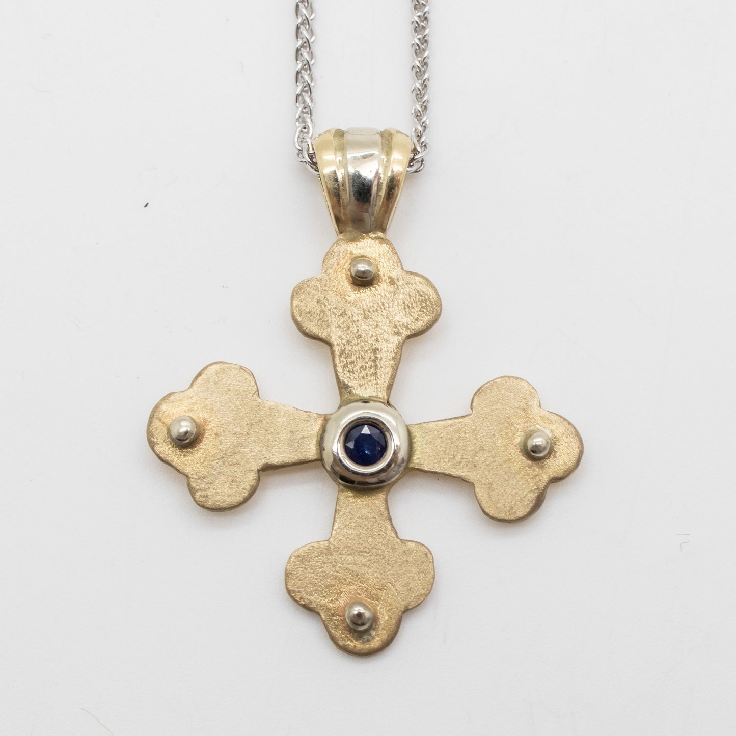 Stacy's Byzantine Orthodox Cross - Two Tone 14kt Gold and Sterling Silver with Sapphire
