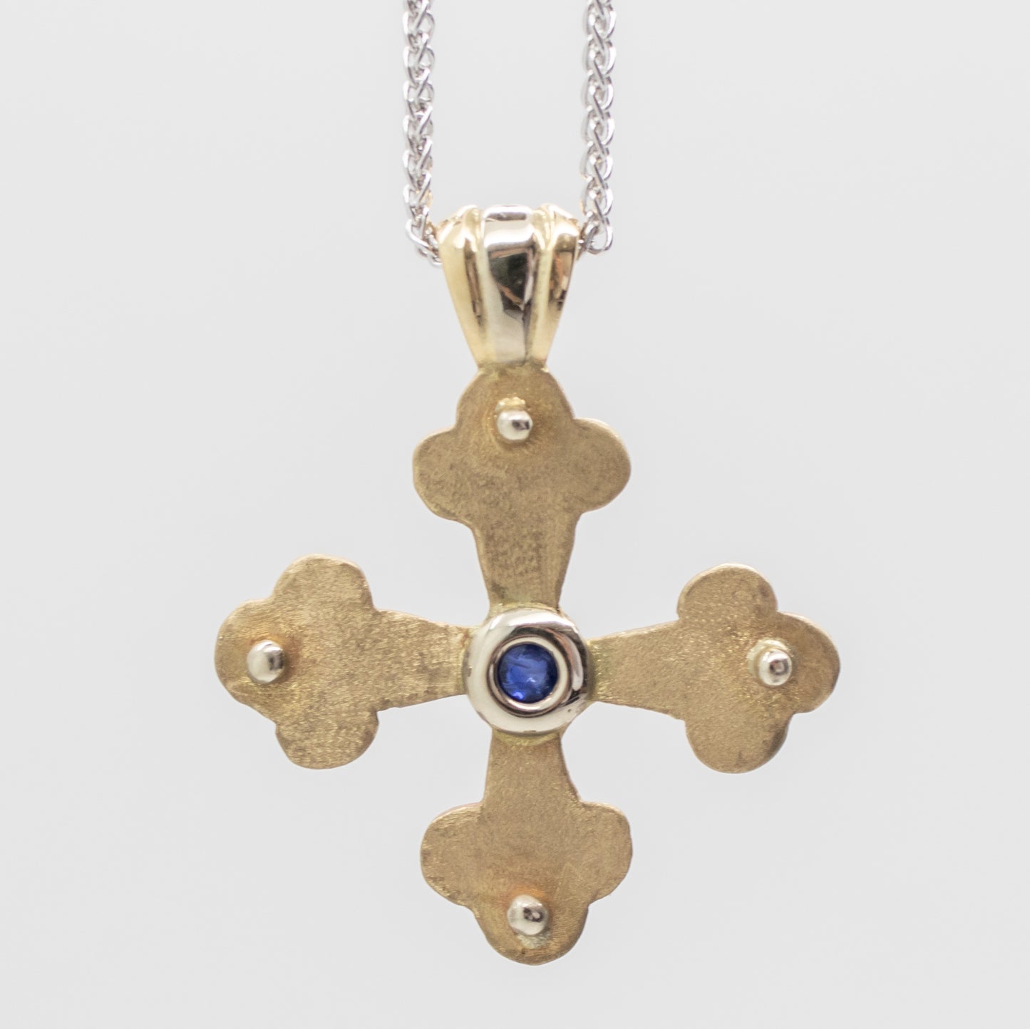 Stacy's Byzantine Orthodox Cross - Two Tone 14kt Gold and Sterling Silver with Sapphire