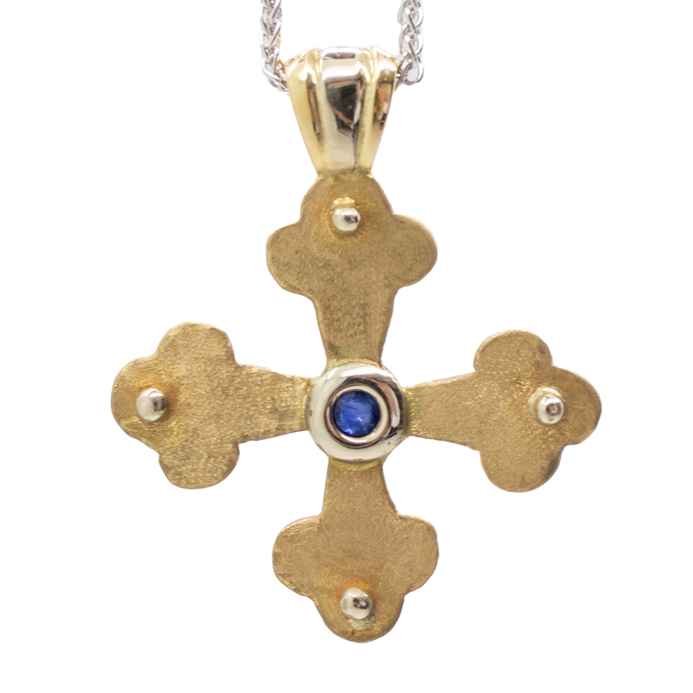 Stacy's Byzantine Orthodox Cross - Two Tone 14kt Gold and Sterling Silver with Sapphire