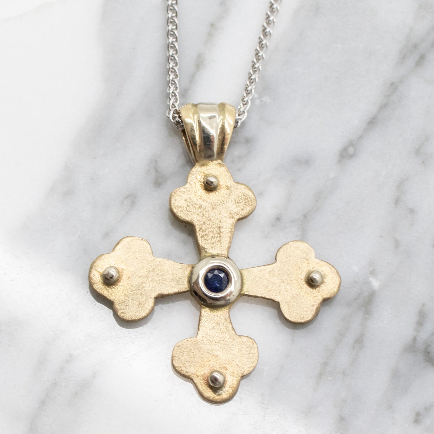 Stacy's Byzantine Orthodox Cross - Two Tone 14kt Gold and Sterling Silver with Sapphire