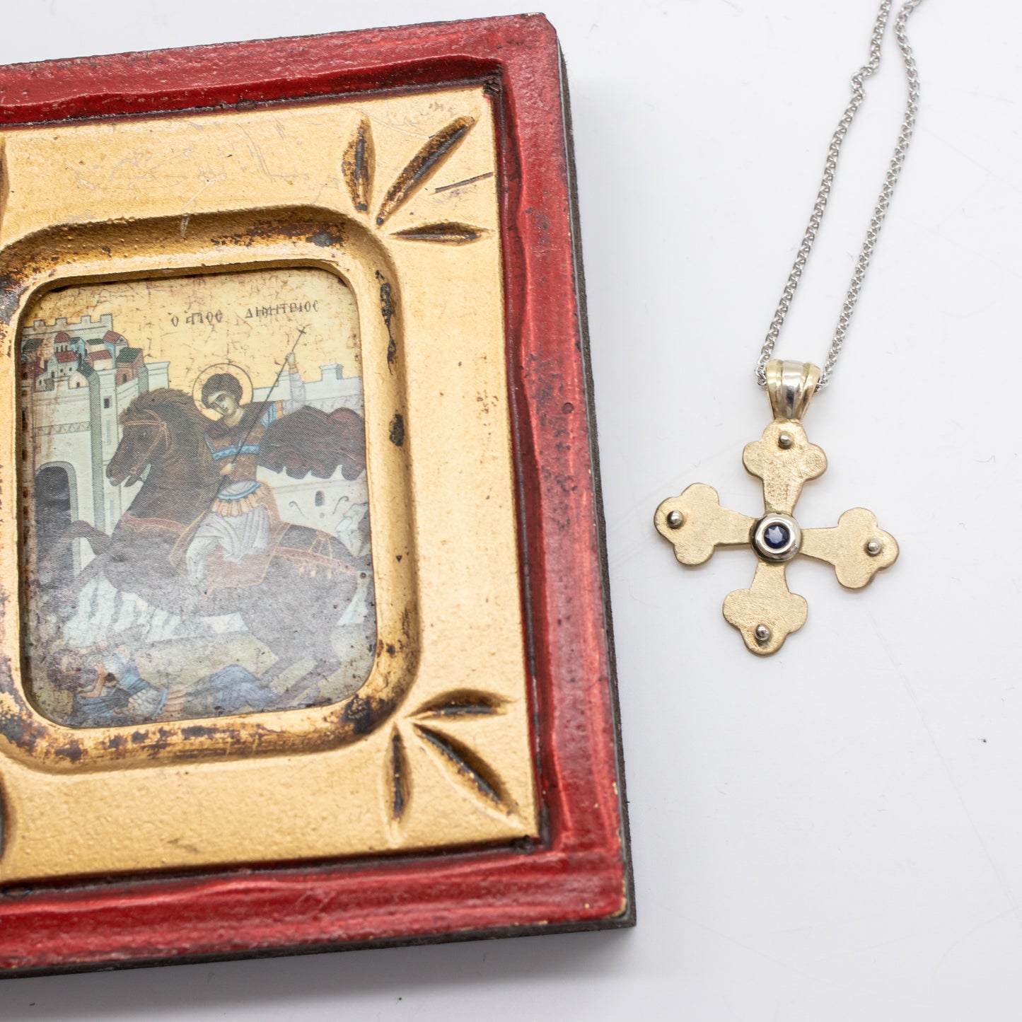 Stacy's Byzantine Orthodox Cross - Two Tone 14kt Gold and Sterling Silver with Sapphire