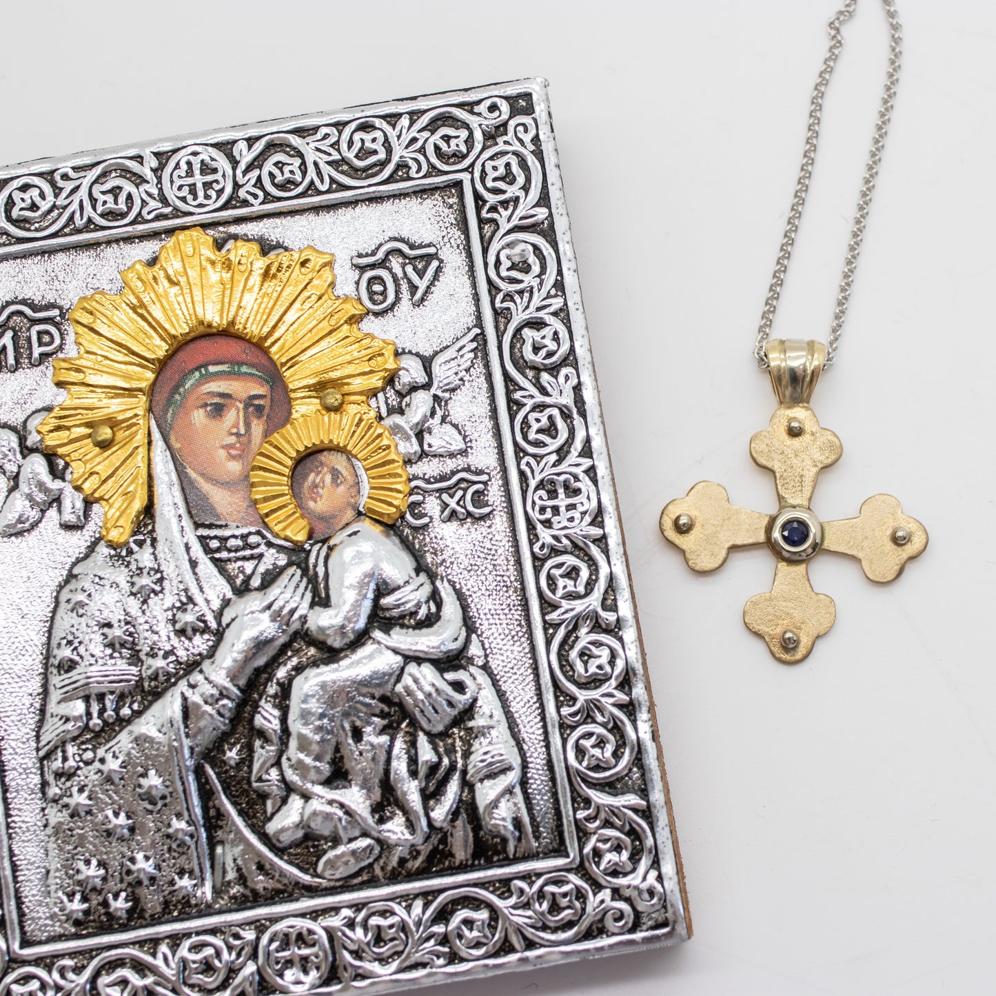Stacy's Byzantine Orthodox Cross - Two Tone 14kt Gold and Sterling Silver with Sapphire