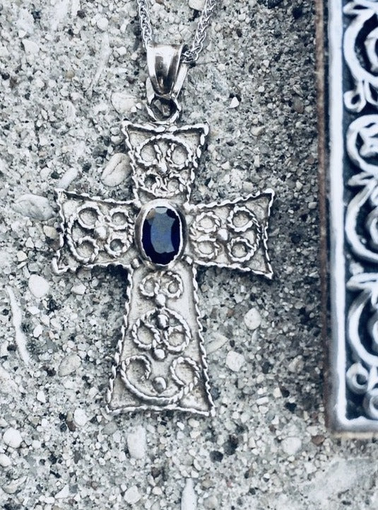 Paros Sterling Silver Byzantine Cross with Oval Sapphire