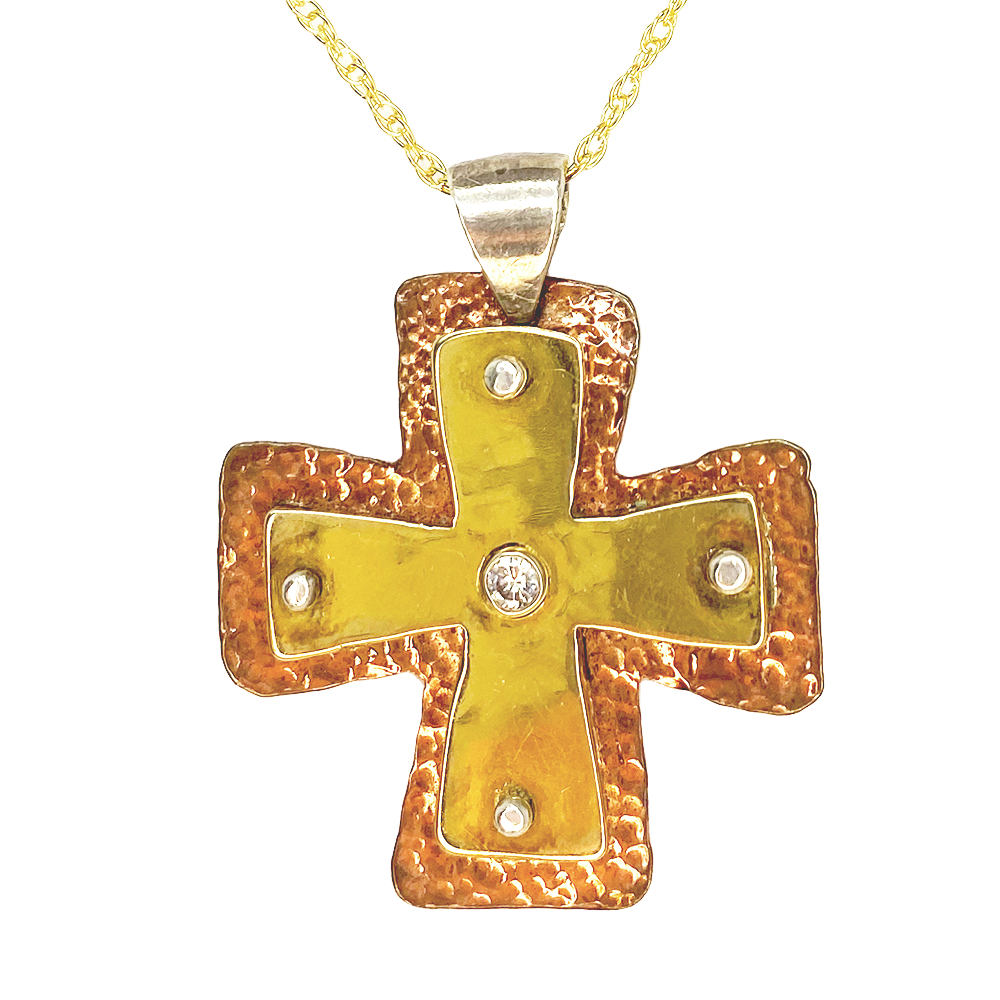 Layered Large Byzantine Orthodox Cross - 18kt Gold, Fine Silver & Copper with Diamond