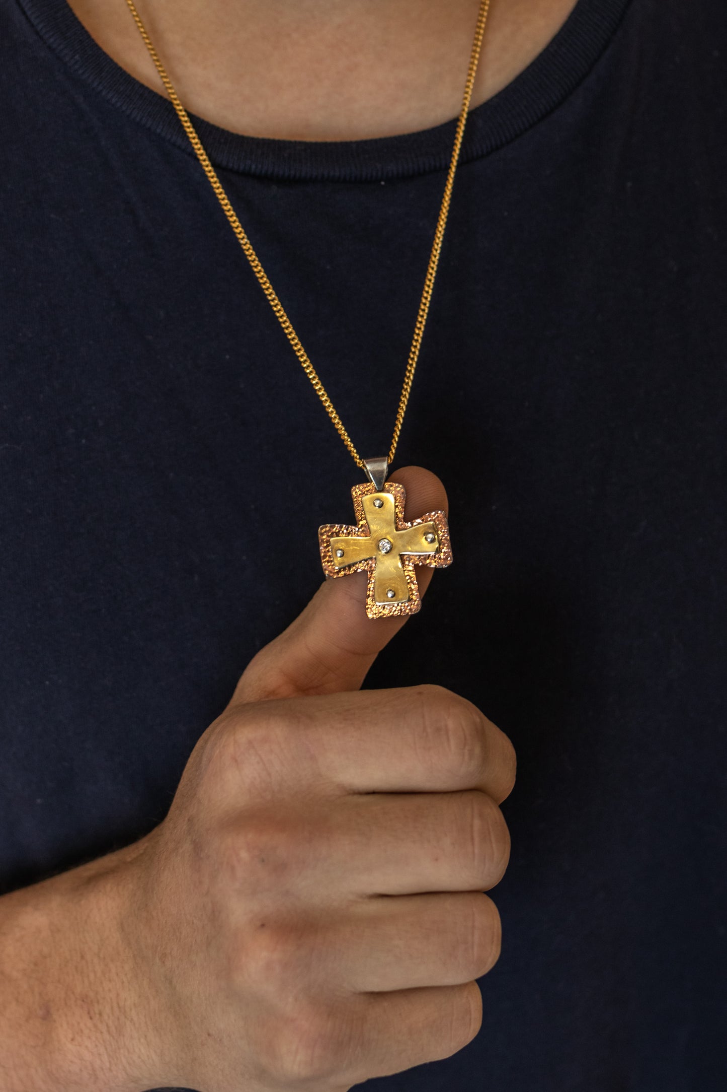 Layered Large Byzantine Orthodox Cross - 18kt Gold, Fine Silver & Copper with Diamond