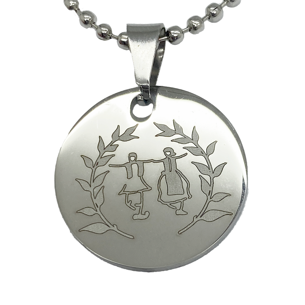 Round Pendant Engraved w/ Greek Dancers and Olive Branches - Silver Tone