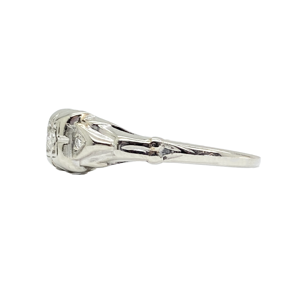 Vintage Three Diamond Engagement Ring - 18kt White Gold, Circa 1930's-40's