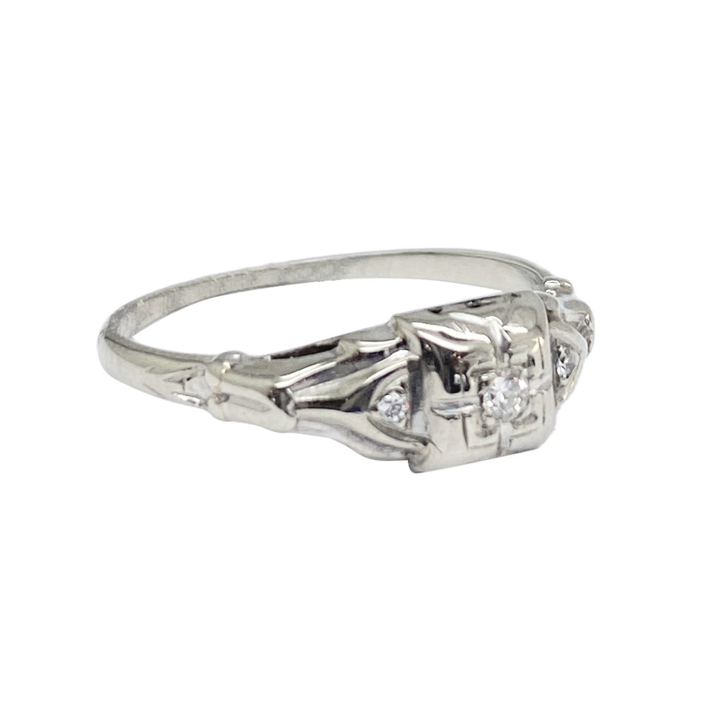Vintage Three Diamond Engagement Ring - 18kt White Gold, Circa 1930's-40's
