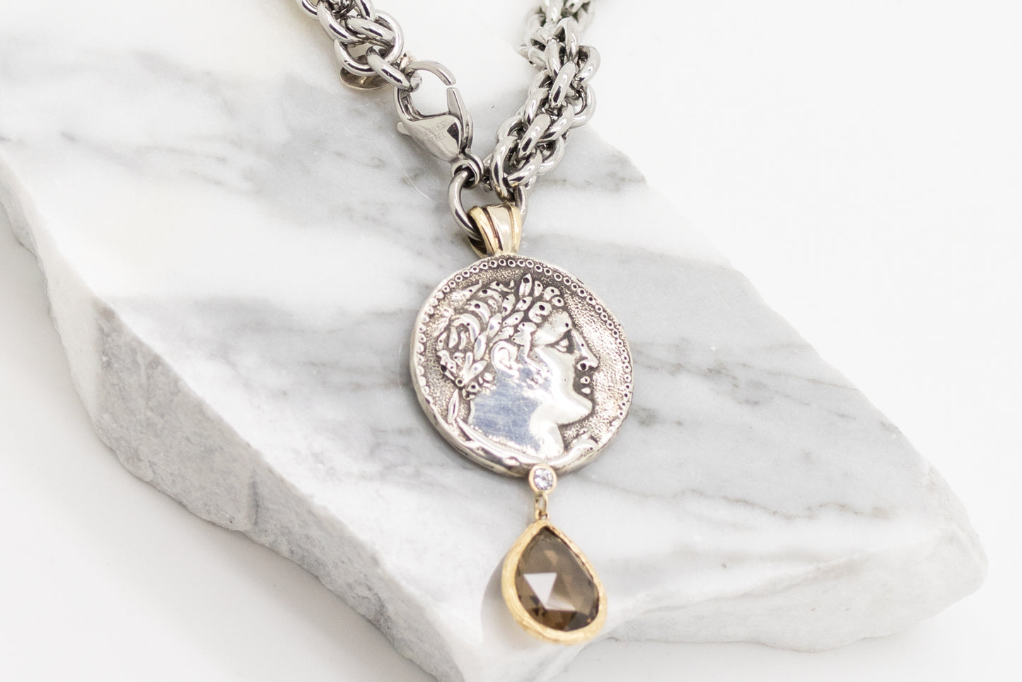 Handcrafted Alexander Coin Pendant - Sterling Silver , 14kt Gold & Stainless Steel with Citrine