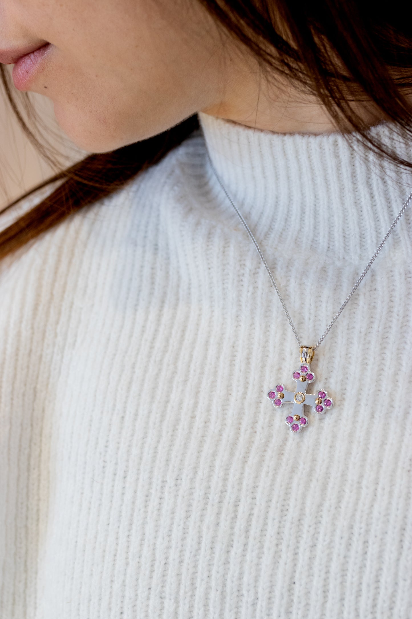 Sophia Byzantine Orthodox Cross - Two Tone with Pink Sapphires