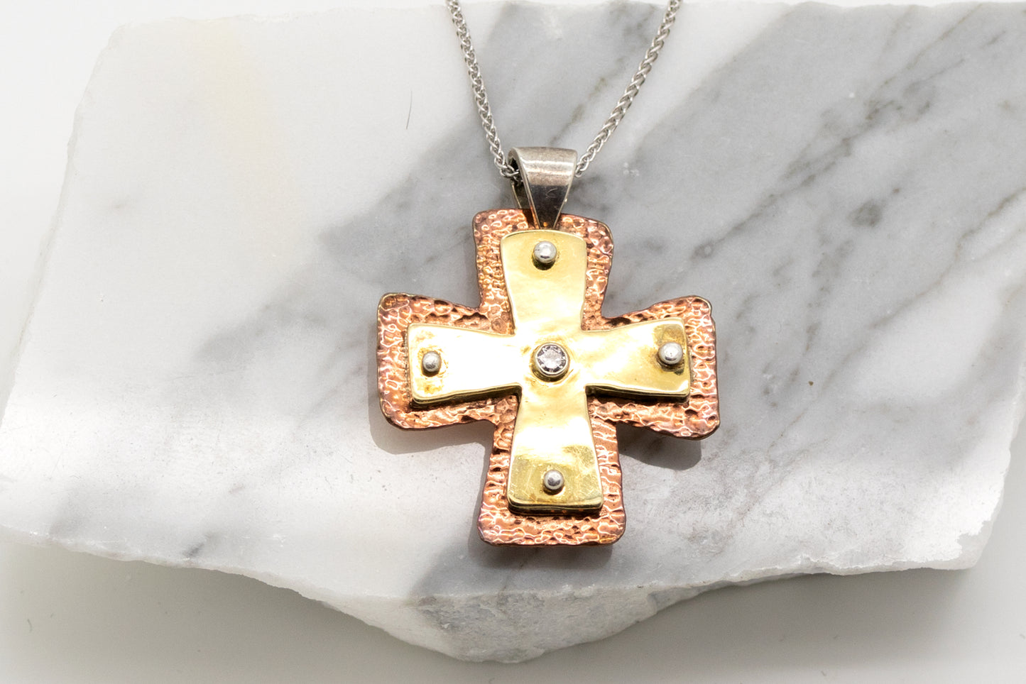 Layered Large Byzantine Orthodox Cross - 18kt Gold, Fine Silver & Copper with Diamond