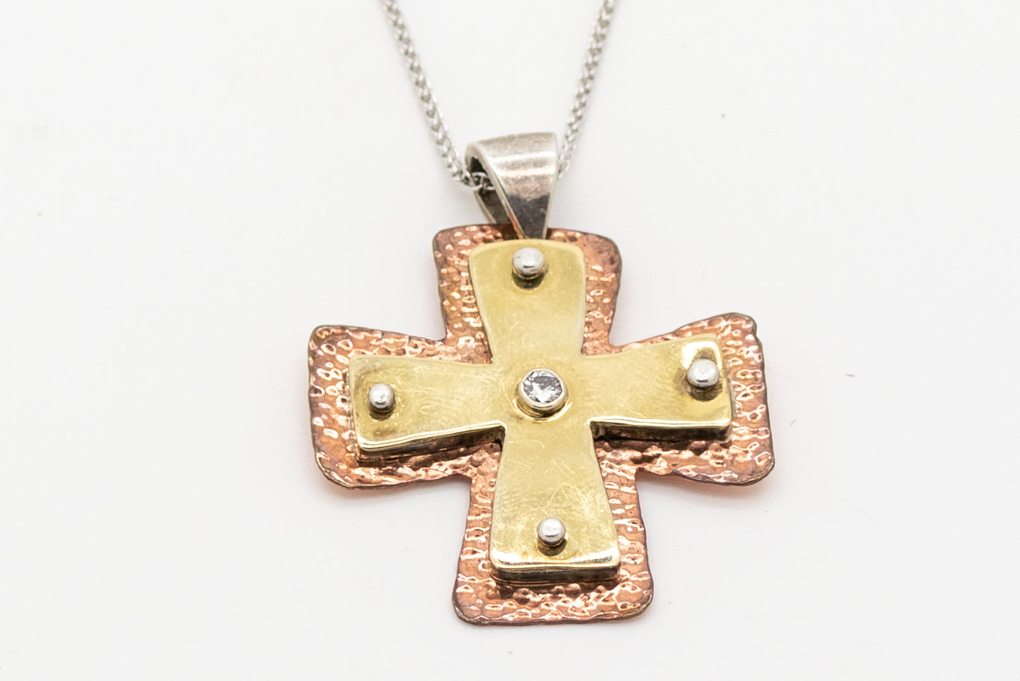 Layered Large Byzantine Orthodox Cross - 18kt Gold, Fine Silver & Copper with Diamond