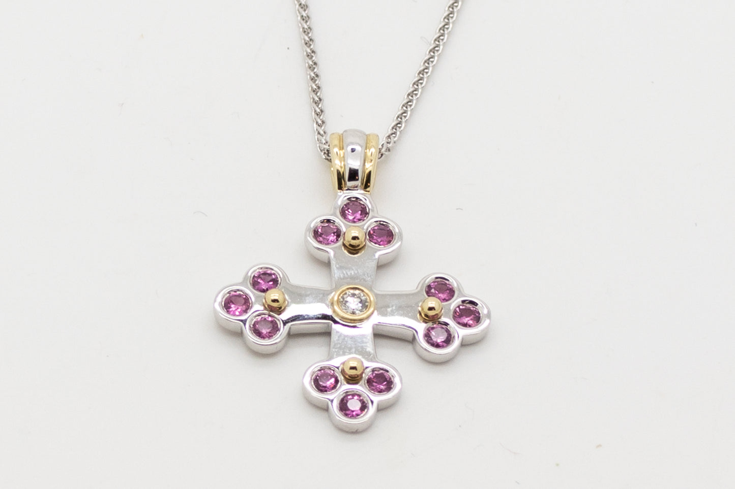 Sophia Byzantine Orthodox Cross - Two Tone with Pink Sapphires