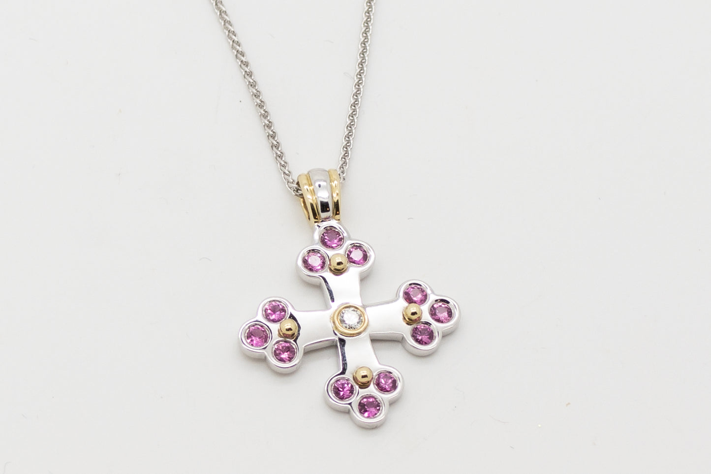Sophia Byzantine Orthodox Cross - Two Tone with Pink Sapphires