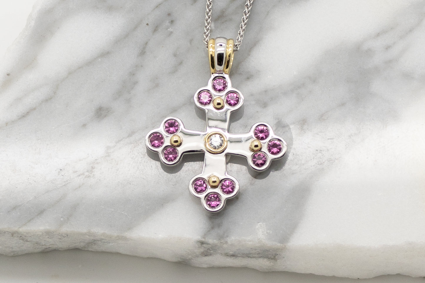 Sophia Byzantine Orthodox Cross - Two Tone with Pink Sapphires