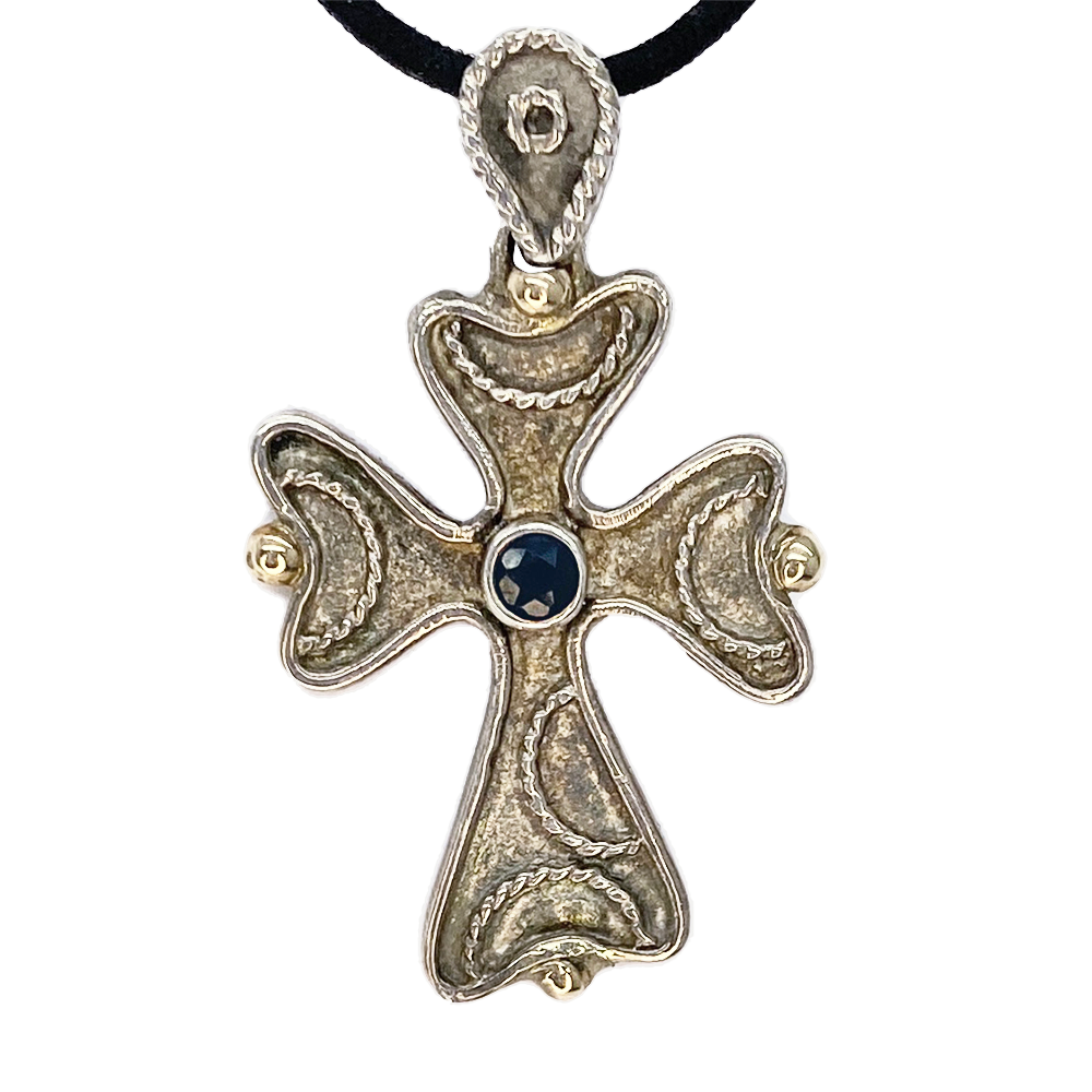 Melissani Byzantine Orthodox Cross, Sterling Silver with 14kt Beads and Sapphire