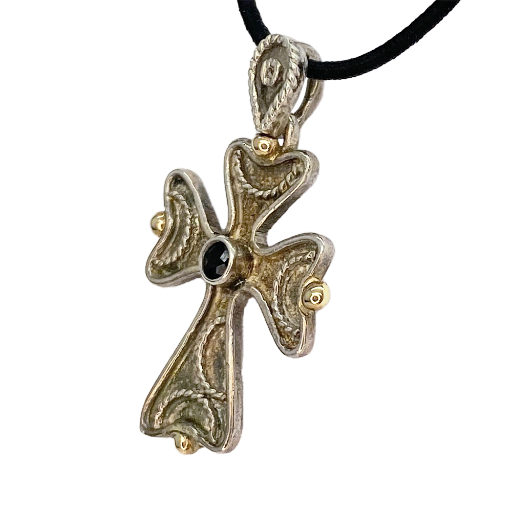 Melissani Byzantine Orthodox Cross, Sterling Silver with 14kt Beads and Sapphire