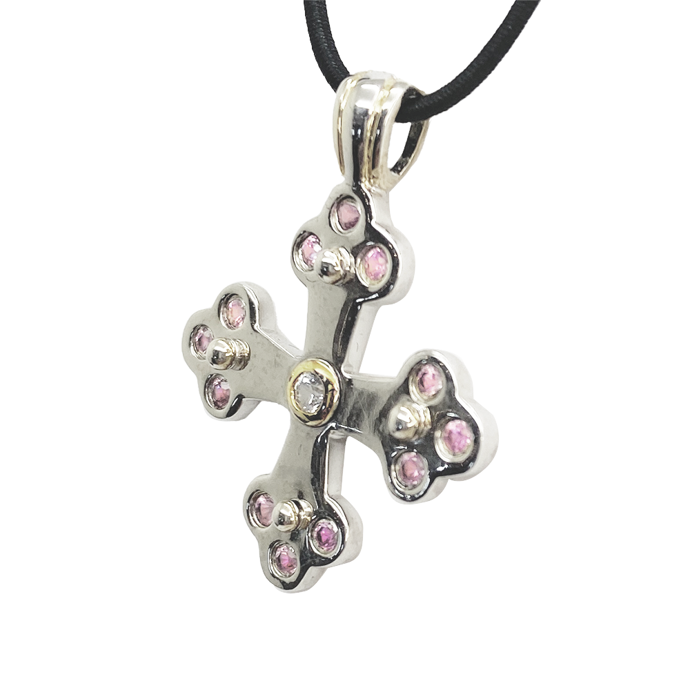 Sophia Byzantine Orthodox Cross - Two Tone with Pink Sapphires