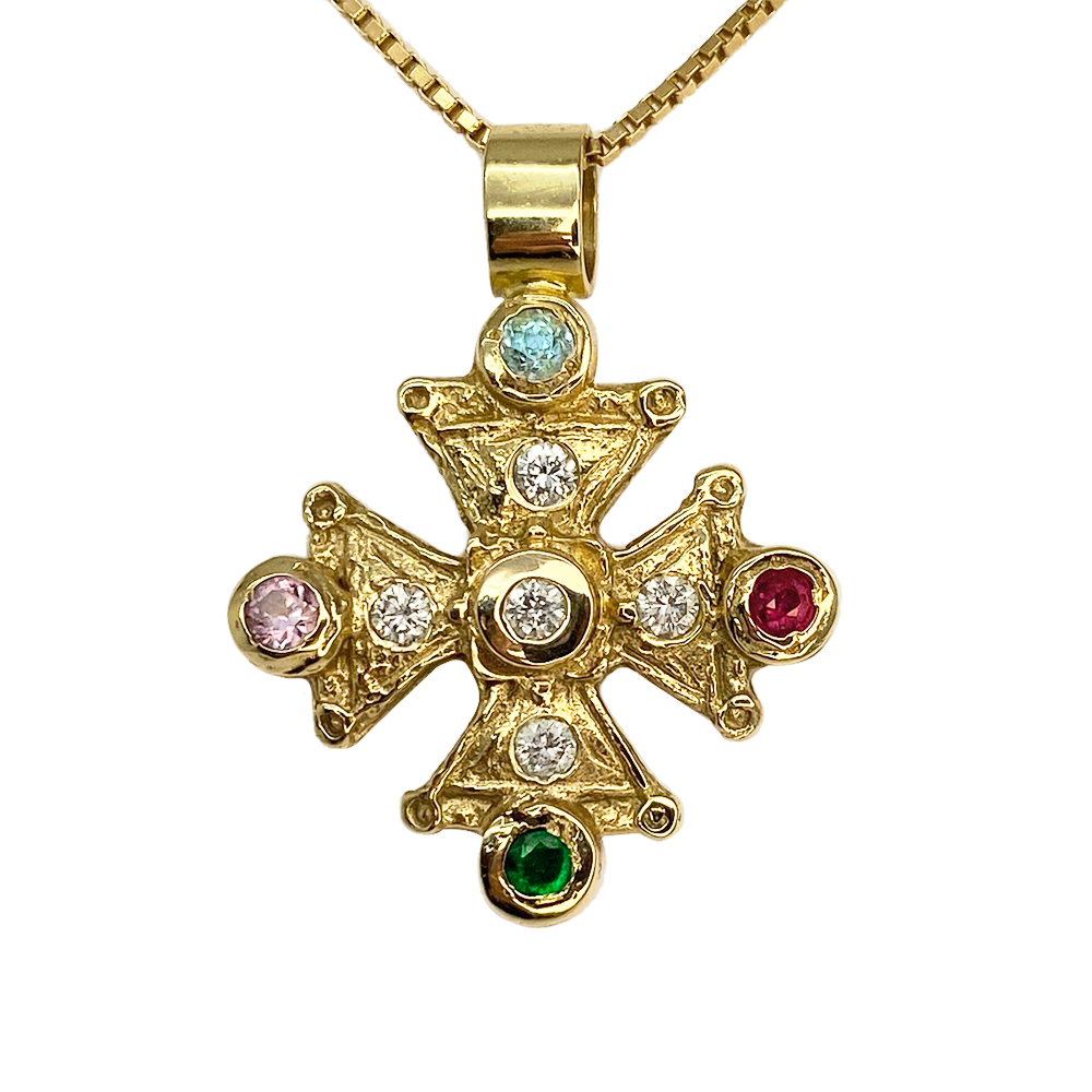Mary's Byzantine Orthodox Cross - 14kt Yellow Gold with Family Birthstones & Diamonds