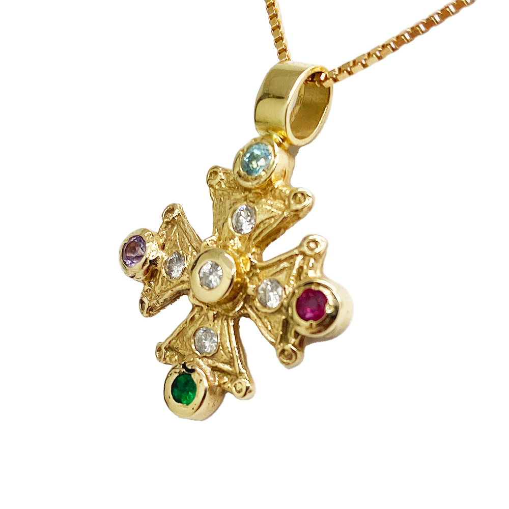 Mary's Byzantine Orthodox Cross - 14kt Yellow Gold with Family Birthstones & Diamonds
