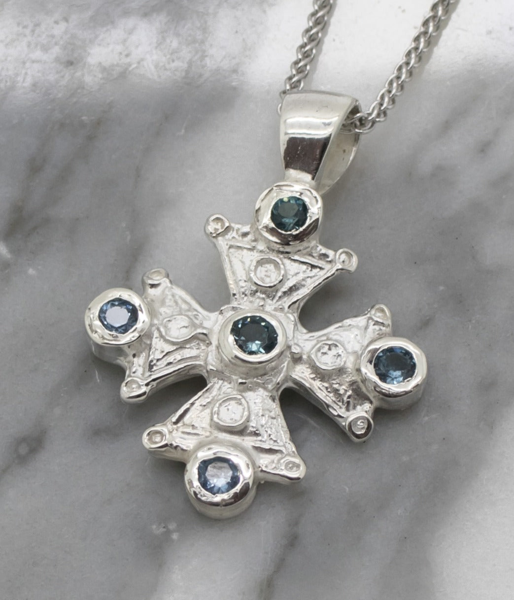 Mary's Byzantine Orthodox Cross - Sterling Silver with Swiss Blue Topaz