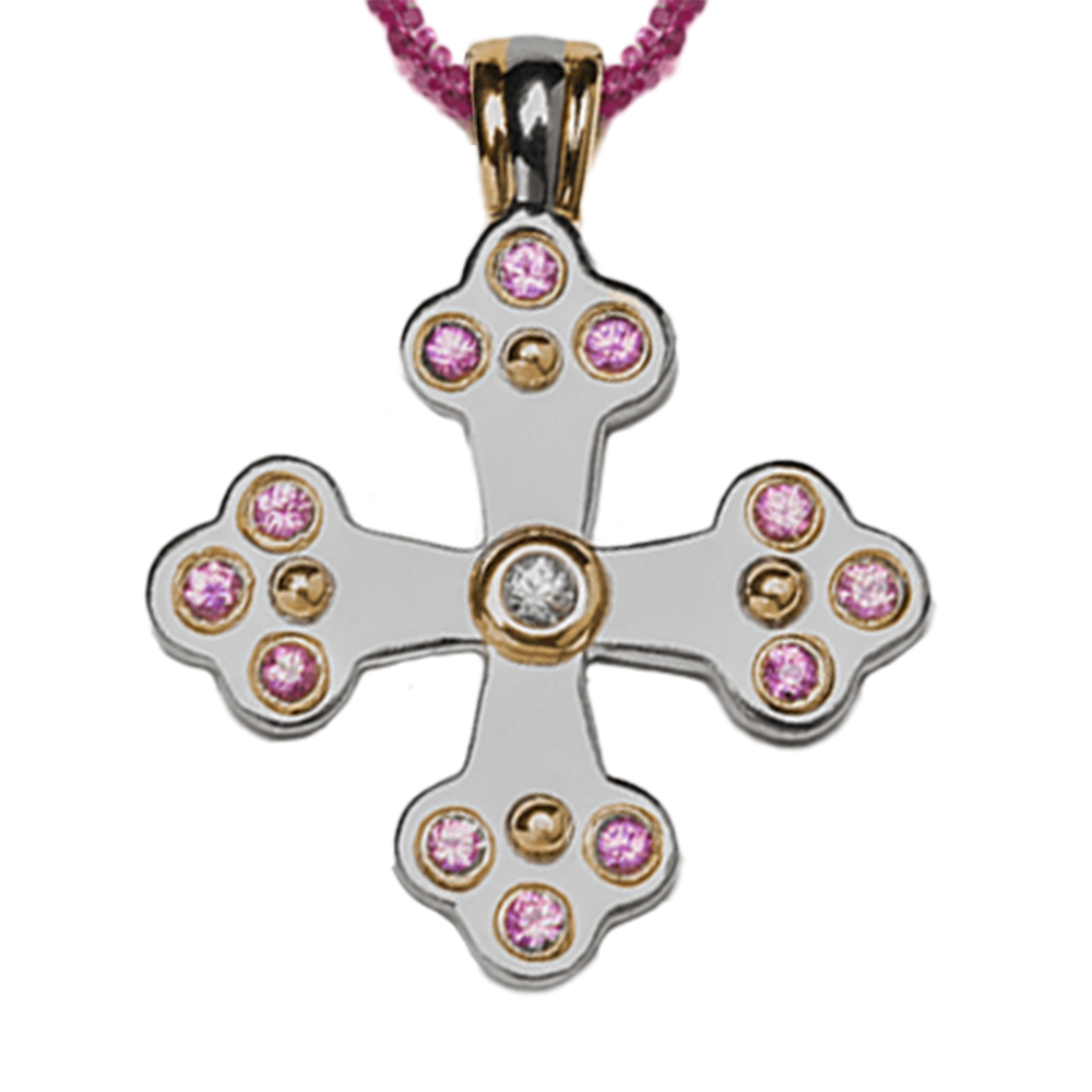 Sophia Byzantine Orthodox Cross - Two Tone with Pink Sapphires