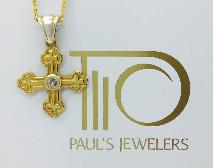 Ephraimia Byzantine Orthodox Cross - Two Tone 14kt with Diamond