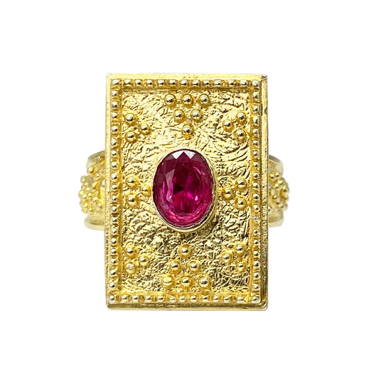 Lab Oval Ruby Byzantine Style Ring, Gold Vermeil Size 7