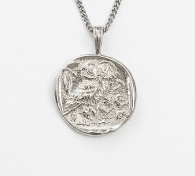 Sterling Silver 925 Ancient Coin Replica 'Athena's Owl' with 18" Stainless Steel Chain Handmade VPA Jewelry Design