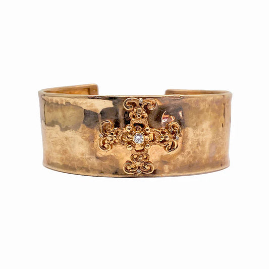 Filigree Byzantine Orthodox Cross Cuff Bracelet - 14kt Gold Cross with Diamond (.07ct) on 24kt Gold Vermeil Bracelet