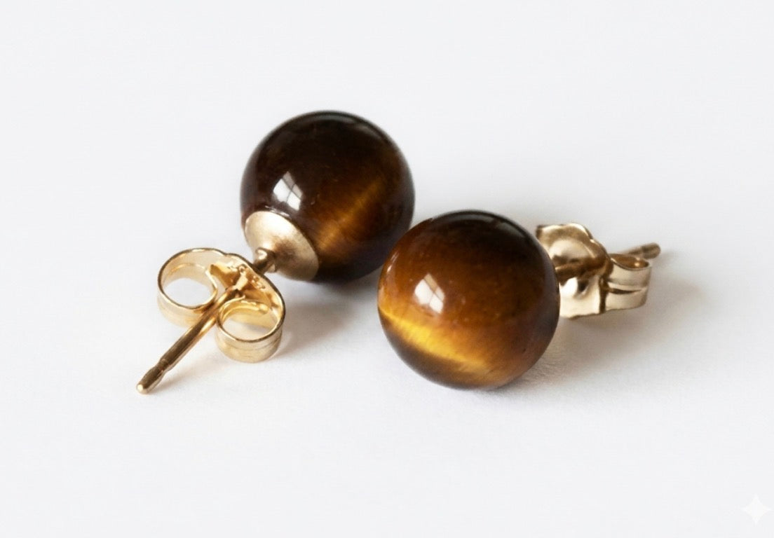 14 Karat Solid Yellow Gold Genuine Tiger’s Eye Solitaire 5mm Bead Earrings