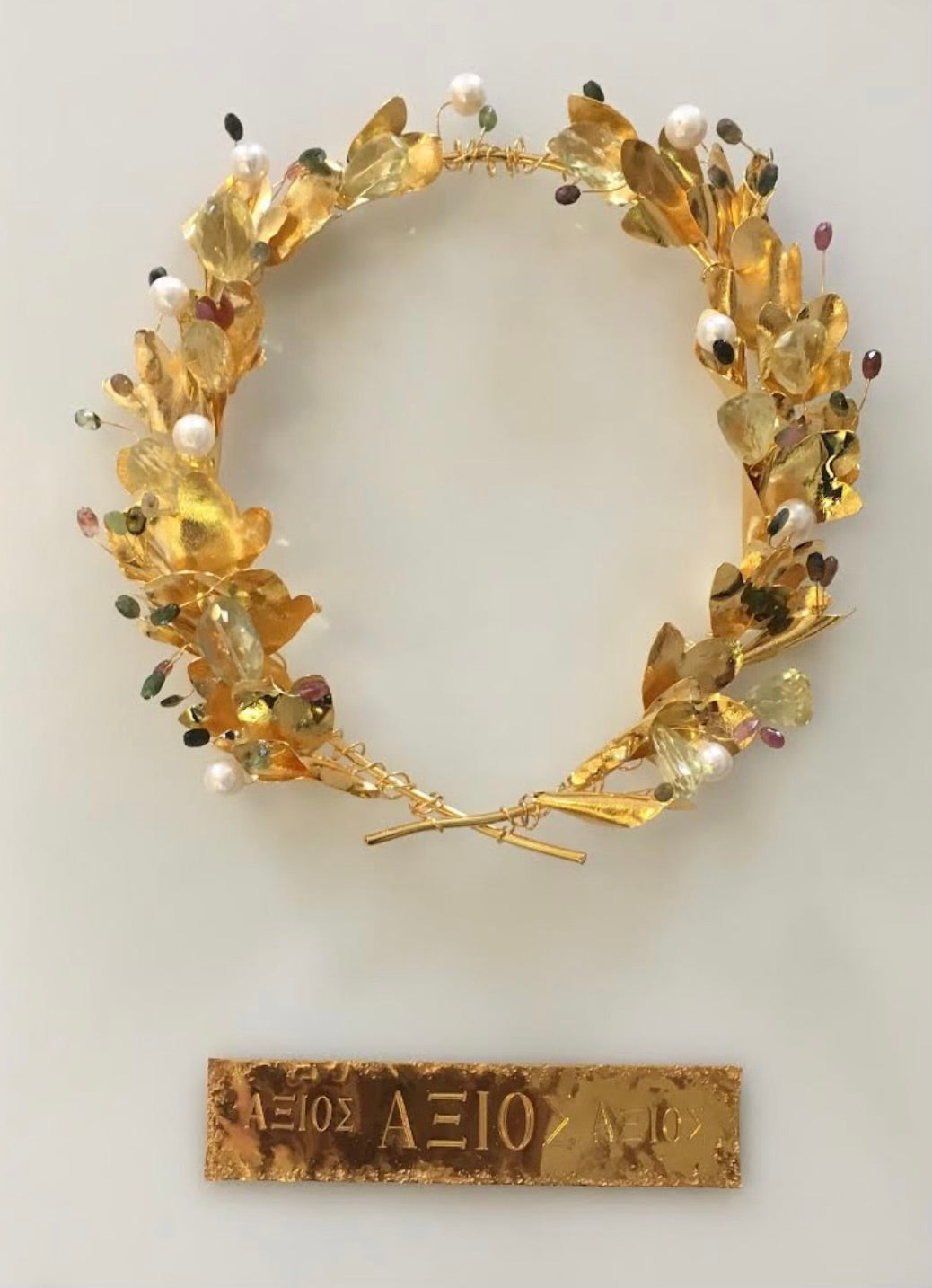 Victory Wreath of 24 Karat Gold over Fine Silver with Genuine Pearls and Genuine Gemstones including Swarovski Crystal.