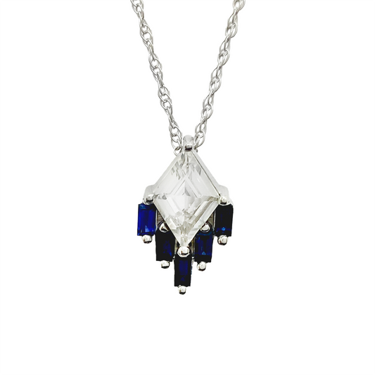 White Sapphire Kite Stone Pendant with Blue Sapphire Baguettes