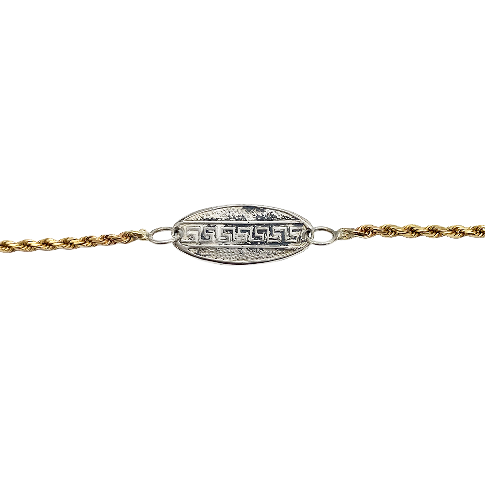 Two Tone Rope Chain Bracelet with Greek Key Plate