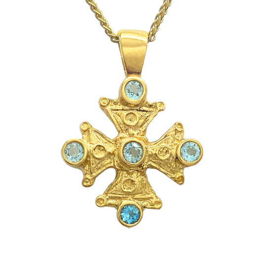 Mary's Byzantine Orthodox Cross - 14kt Yellow Gold with Aquamarines