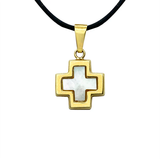 Petite Mother of Pearl Orthodox Cross, 14kt Yellow Gold