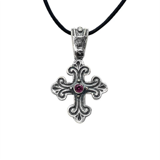 Two Sided Cross with Ruby and Crucifix, Sterling Silver