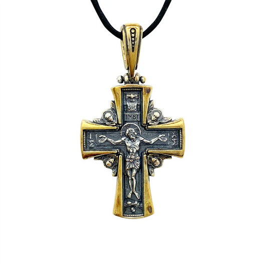 St. Nectarios/Crucifix Cross - 2 Sided Design, Sterling Silver &amp; Gold Vermeil