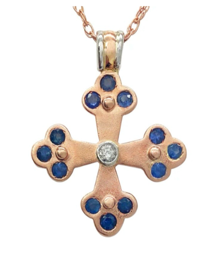 Sophia’s Byzantine Orthodox Cross with Natural Sapphires and Diamonds in 14 Karat Rose Gold