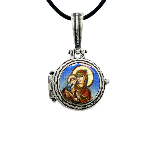 Virgin Mary & Jesus Enameled Pendant, Sterling Silver