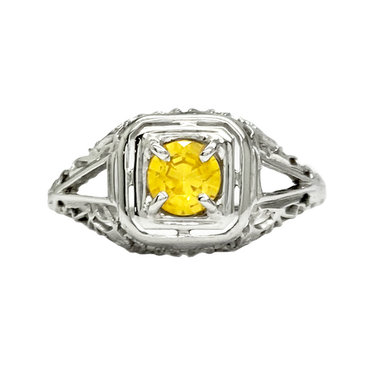 Vintage Golden Sapphire Filigree Ring, 18kt White Gold