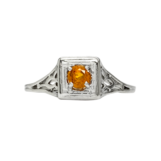 Vintage Golden Sapphire Filigree Ring, 1/3 carat, 18kt White Gold